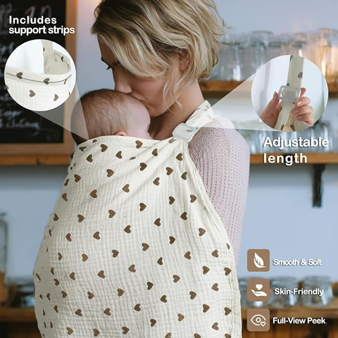 Muslin Nursing Covers for Breastfeeding, Arch Neckline Breast Feeding Covers for Women, Moms Privacy Breathable Summer Nursing Apron, 43.3" x 25.6" Soft Feeding Cover (Beige Sweet Khaki Heart)