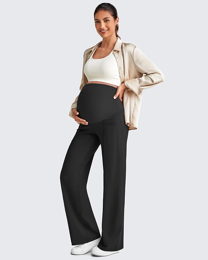G4Free Maternity Dress Yoga Pants with Pockets Over The Belly Stretchy Work Slack Pregnancy Wide Leg Lounge Trousers