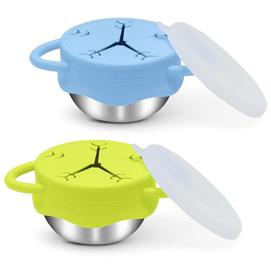 2 Pack Toddler Snack Containers –13.5oz Food Grade Stainless Steel Snack Cups for Toddlers Spill Proof with Snowflake Silicone Lids & Handles, Baby Snack Containers, Dishwasher Safe Toddler Snack Cups