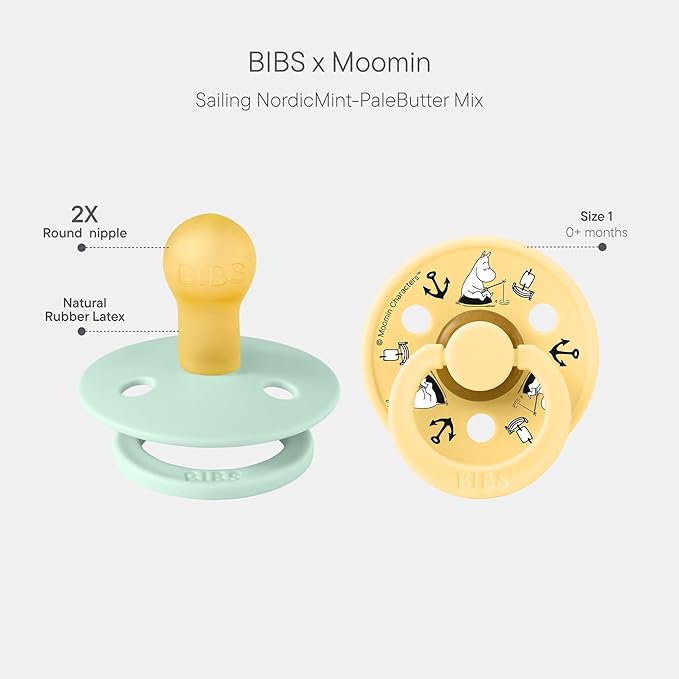 BIBS Colour Moomins Pacifier 2-Pack, BPA Free Pacifier, Round Nipple. Natural Rubber Latex, Made in Denmark, Size 1 (0-6 Months), Nordic Mint/Pale Butter