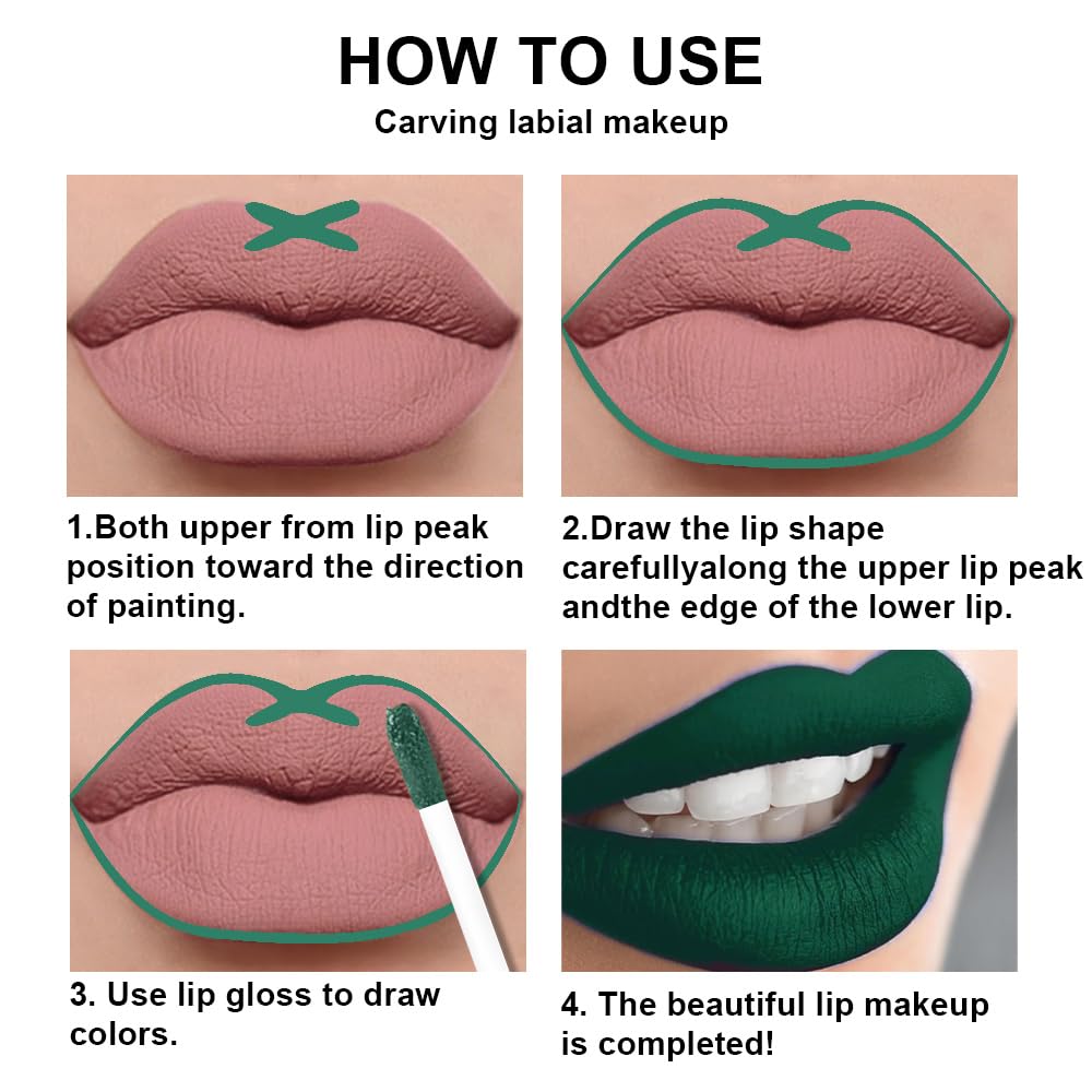 evpct 2Pcs Emerald Green Shimmer Glitte Liquid Lipstick Lip Gloss Stain and Retractable Lip Liner Makeup Set for Women Long Lasting Waterproof 24 Hours Lipstick labial mate larga duracion 24 47#