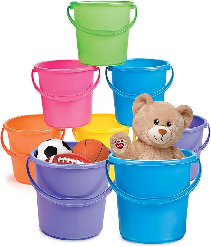 Fun Express Sand Buckets for Kids 12 Pack - Premium 7 Inch Beach Buckets with Easy-Grip Handles | Durable Plastic Sand Toys for Ages 3+ | Perfect for Beach, Sandbox & Pool Play