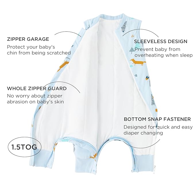 Duomiaomiao 1.5 TOG Toddler Sleep Sack 6-12 Months 100% Cotton Four Season Side Open Zipper Baby Sleep Sack with Feet, Breathable Toddler Wearable Blanket