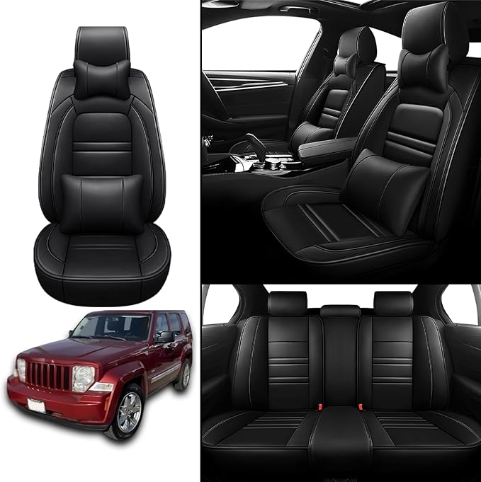 Car Seat Covers for JP Liberty 2002-2012 | 5-Seats Seat Covers, Waterproof Seat Protectors, Automotive Seat Covers (Full Set with Pillow,Black)
