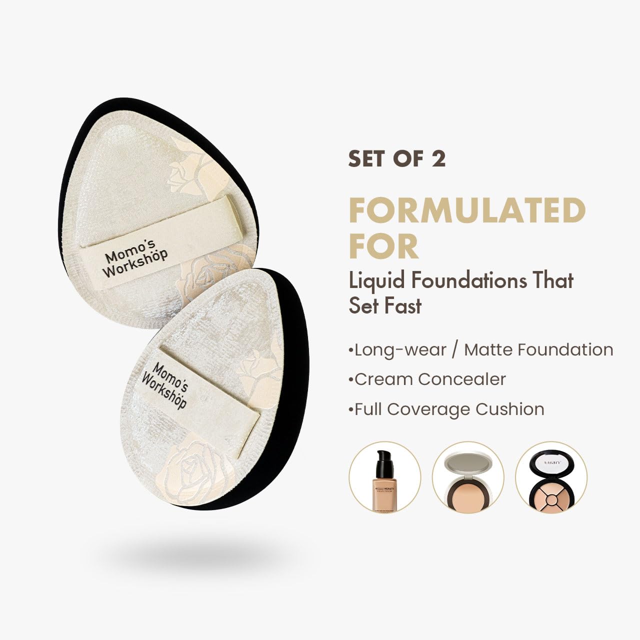 Satin White Egg Makeup Sponge,Firm Bounce Rubycell,Cushion Sponge with Wide PU Leather for Quick-Dry/Full Coverage Foundations, Cosmetic Puff,2pcs Beauty Puffs&Storage Case