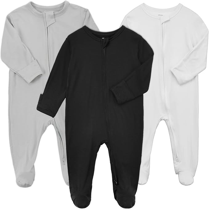 Aablexema Baby Zipper Pajamas Bamboo Rayon, 3pcs Unisex Infant Onesie with Mitten Long Sleeve Footed Pjs