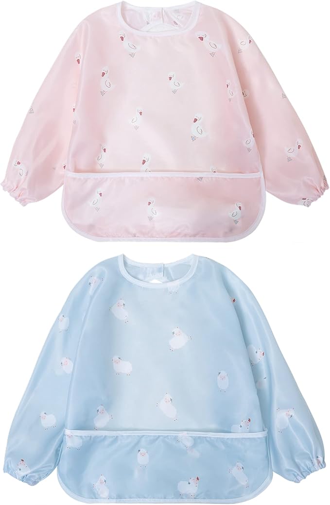 Little Dimsum Baby Bib with Pocket Waterproof Toddler Bibs Infant Feeding Bibs for Boys and Girls, Pack of 2 Colors