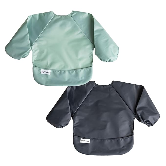 Tiny Twinkle Long Sleeve Bib for Babies & Toddlers – 2 Pack Waterproof Smock Bibs for Eating – Machine Washable & Mess-Proof, Baby Feeding Essential & Shower Must-Have (Sage Charcoal,6–24M)