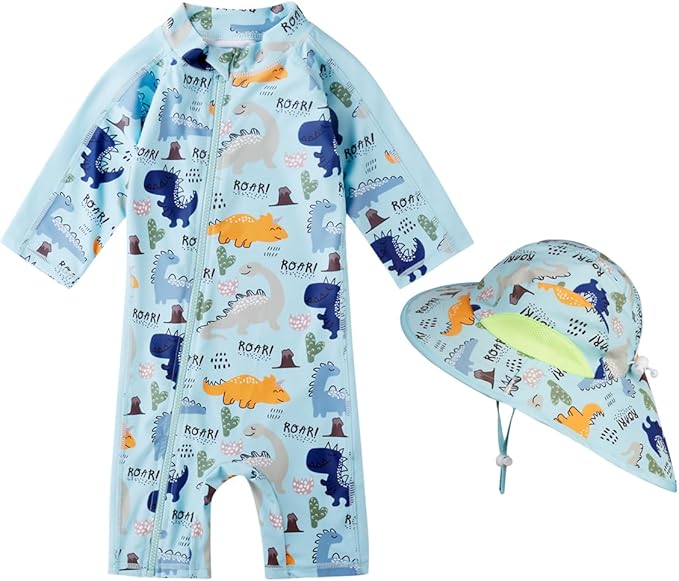 Toddler Baby Boys Swimsuit Rashguard One Piece Zipper Bathing Suit with Sun Hat Infant Swimwear Sunsuit UPF 50+