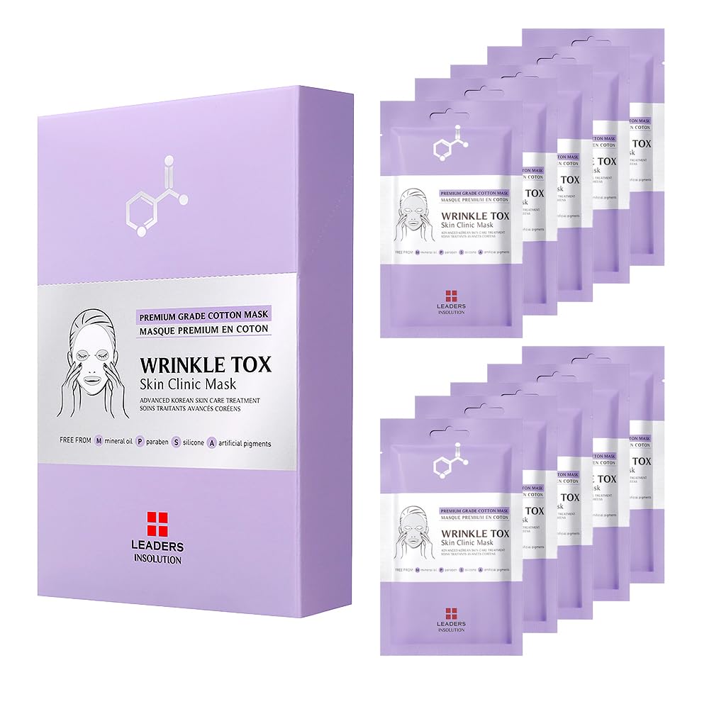 Leaders Insolution Wrinkle Tox Skin Clinic Mask | Adenosine-Infused Anti-Aging Facial Sheet for Fine Lines, Wrinkles, and Firmness | Premium Grade Cotton, Collagen Boosting (10 Sheets)