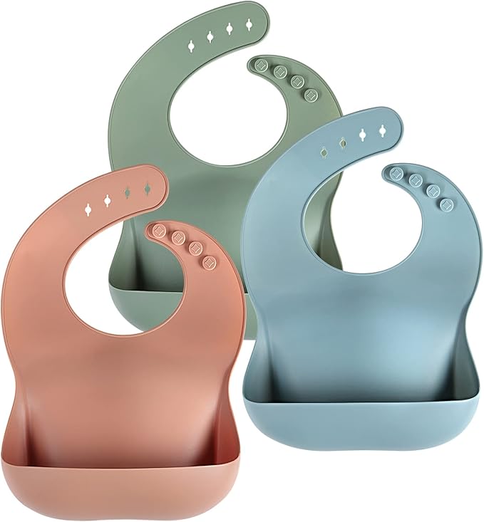 Silicone Bibs for Babies Toddler Set of 3, BPA Free, Soft Adjustable Waterproof Bibs for Feeding Essentials