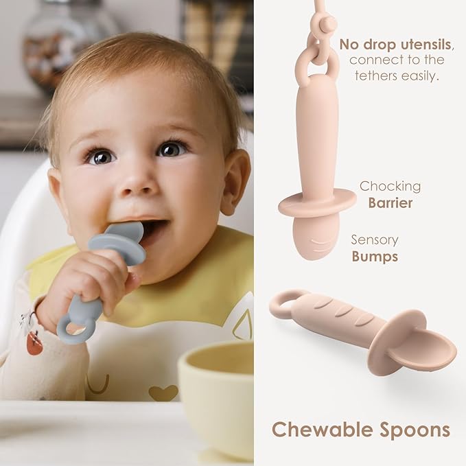 Andy Bear Silicone Plates for Babies with Suction Divided Baby Spoons Silicone Baby Toy Straps All-in-one Plates Silicone Placemat for Babies Toddlers Attachable Tethers & Built-in Suction Cups-Blush