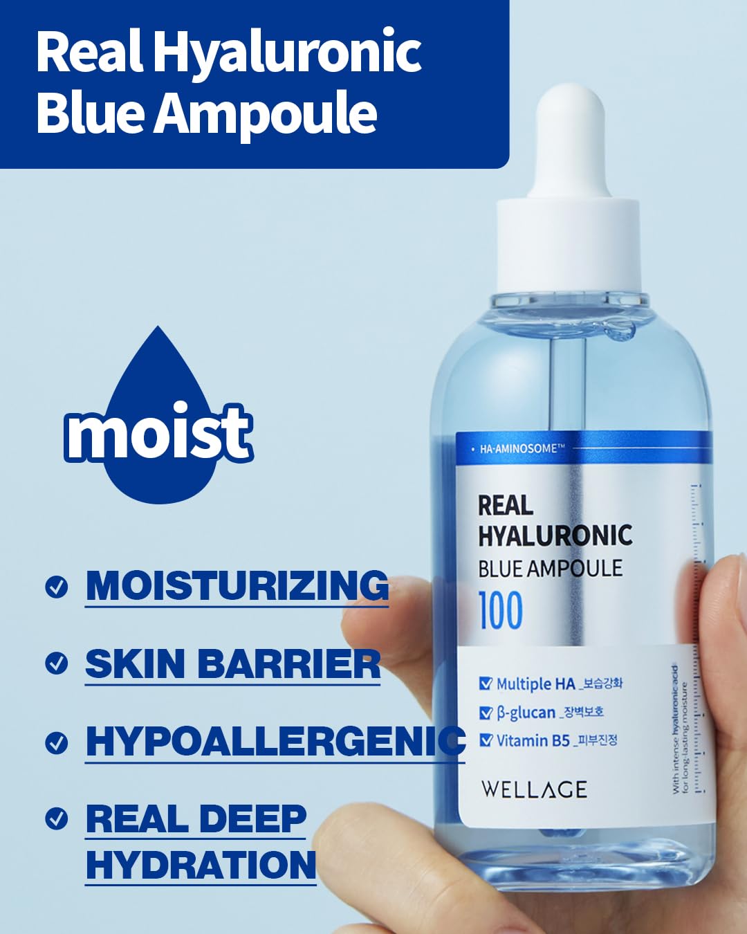WELLAGE Real Hyaluronic Blue Ampoule 100, Korean Skincare, Fragrance Free Hyaluronic Acid Serum with Panthenol, Wild yam, Centella for Sensitive Dry Skin Moisturizer 1.01 fl.oz