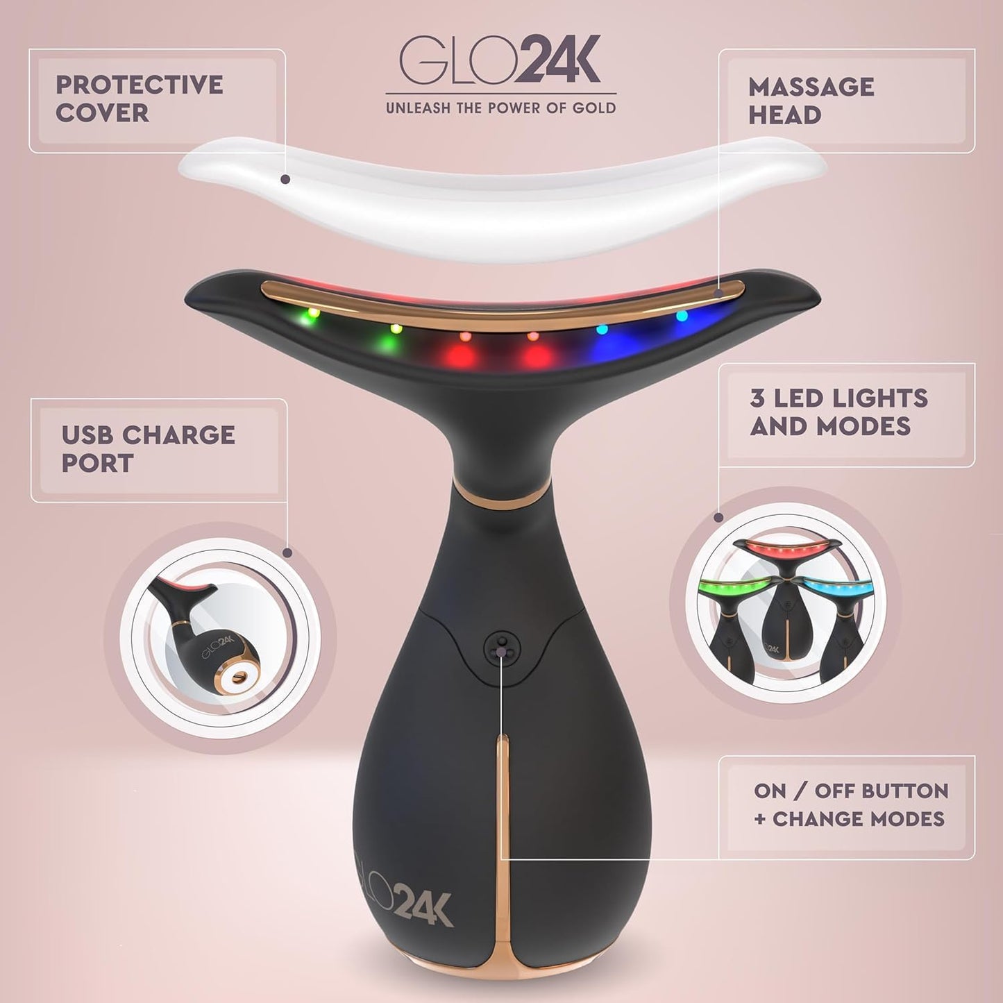 GLO24K Red Light Beauty Device for Face & Neck – 2-Pack, 3-in-1 Facial and Neck Massager with Triple LED & Vibration Technology