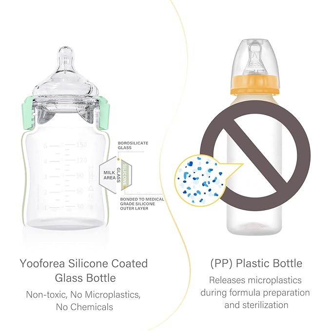 Yooforea Silicone Coated Glass Baby Bottle, 0M+ Slow Flow Nipple I Anti-Colic, Wide Neck, Stable Base I Medical-Grade Silicone Coating for Shatter Protection, BPA BPS PVC Free (2 Pack, 3 Ounce-Tea)