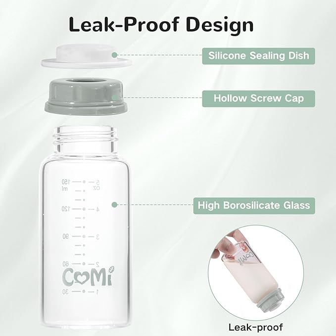 COMI Natural Glass Baby Bottle,Standard Neck Breastmilk Storage Bottle for Fridge,Breast Milk Container,Breast Pump Bottle Compatible with Medela Breast Pump,BPA Free,4PCS (5oz,4 Gray Lids)
