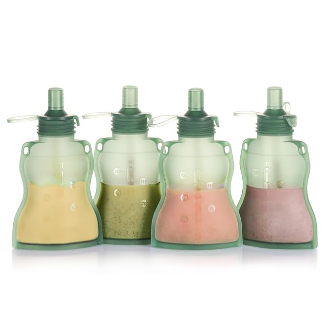 haakaa Baby Food Pouch Refillable Baby Squeeze Silicone Yummy Pouch, Soft Reusable Squeeze Storage Food Pouch for Kids Toddler,Home Made Food Puree,Smoothie Pouch Bag, 4oz, 4 Pack,6m+(Pea Green)