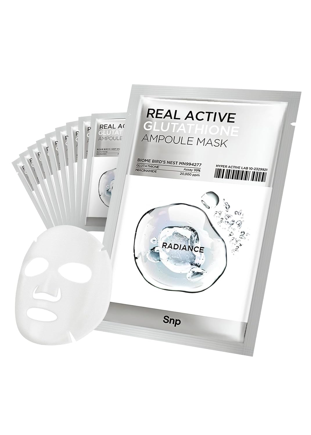 SNP Real Active Glutathione Ampoule Sheet Mask | Vegan Face Mask with Glutathione & Niacinamide | Revitalizing and Balancing for All Skin Types | Korean Face Masks Skincare | 10 Sheets