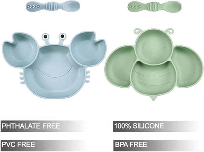 PandaEar 2 Pack Silicone Suction Plates for Baby, Divided Unbreakable Toddler Plate with 2 Pack Spoons for Self Feeding, Babies Utensils Feeding Set Baby Eating Supplies, Crab & Bee Shape -Blue&Green