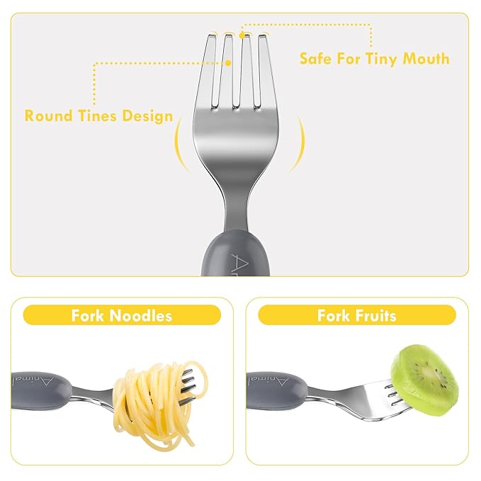 Lehoo Castle 6 Pieces Toddler Utensils, Kids Silverware for 2 3 4 Years Old, Stainless Steel Knife Fork and Spoon Set with Plastic Handle, Safe Toddler Cutlery (Animal)