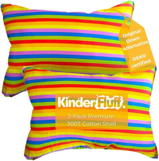 kinder Fluff Kids Pillow (2Pack) 16x24in - Youth Pillows for Kids Age 7+, 100% Cotton Sateen Stripes 300T, Down Alternative Fill, Machine Washable - Children, Decor & Travel Cushion - Rainbow - L