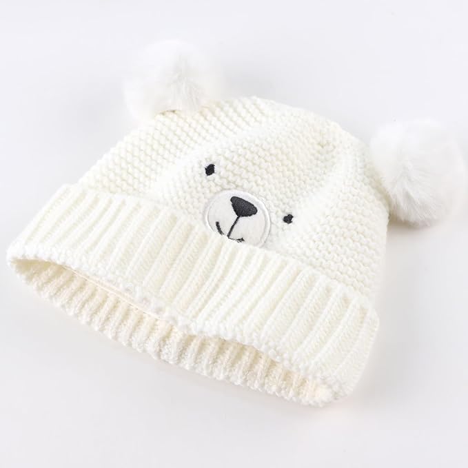 JANGANNSA Cute Bear Baby Beanie Pompom Baby Boys Hat Infant Toddler Winter Knitted Beanies for Girls