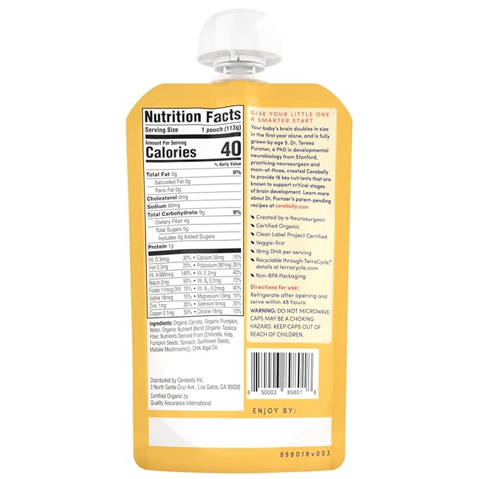 Cerebelly Organic Baby Food Pouches, Carrot Pumpkin Purees, 16 Nutrients, No Added Sugar, Fiber & Non-GMO, 4oz, 12 Pack