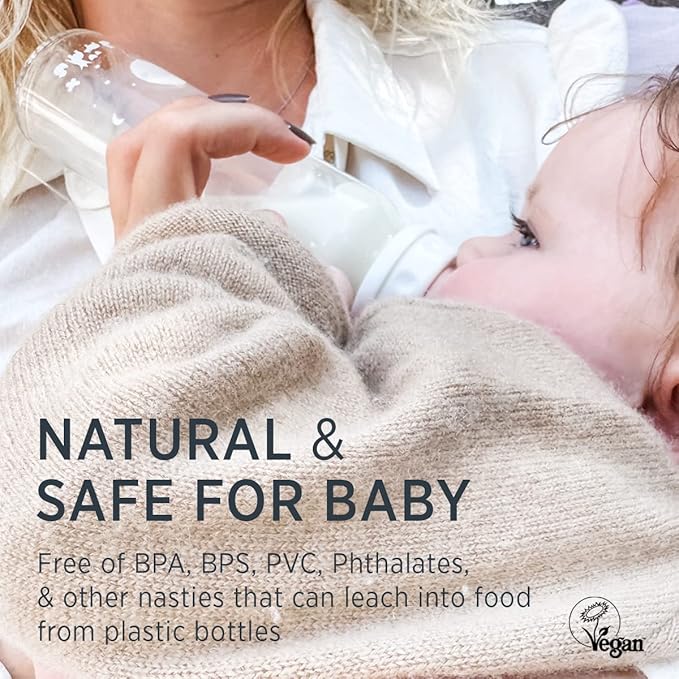 HEVEA Standard Neck Glass Baby Bottles - Natural Rubber Medium Flow Nipples - Anti Colic Baby Bottles for Breastfeeding Babies - 3+ Months - BPA-Free, Single-Pack (8 Oz)