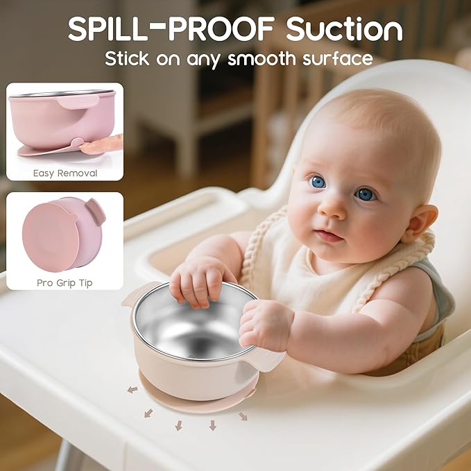 Bella's Friends Stainless Steel and Silicone Baby Bowls with Suction 3 Pack, 4.3” for Toddlers Kids Feeding, Non-Slip, Non-Toxic, Mess-Free, Dishwasher Safe, Fit High Chair Size, beige green blue