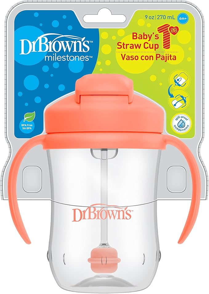 Dr. Brown's Milestones Baby's First Straw Cup, Training Cup with Weighted Straw, 9oz/270mL, Coral, BPA Free, 6m+