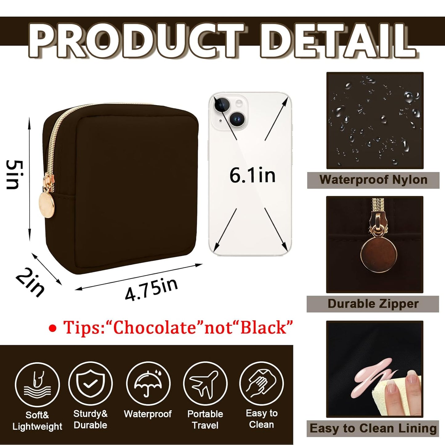 Mini Makeup Pouch for Purse, Small Cosmetic Bag Pouch Nylon Travel Toiletry Organizers Bag for Women Girls, Cute Zipper Coin Purse Preppy Storage Purse for School Work(Mini-Chocolate)