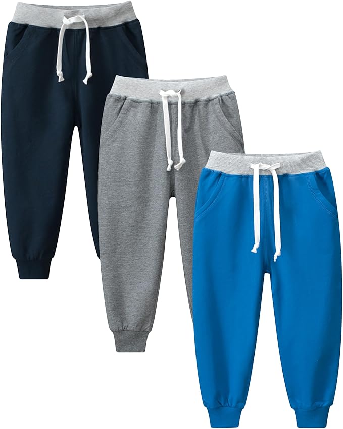 GFQLONG 3 Pack Toddler Boys Sweatpants Kids Active Jogger Pants with Pocket Drawstring