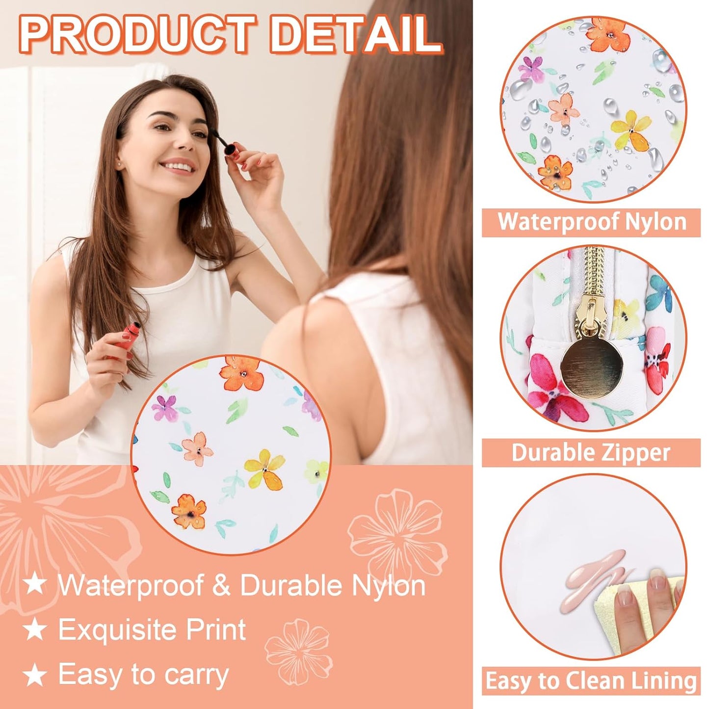 Waterproof Small Floral Makeup Bag Pouch for Purse,Nylon Flower Cosmetic Bag Preppy Travel Toiletry Storage Bag for Women Girl,Cute Makeup Organizer Bag Pouch with Zipper(Small Colorful-Flowers)