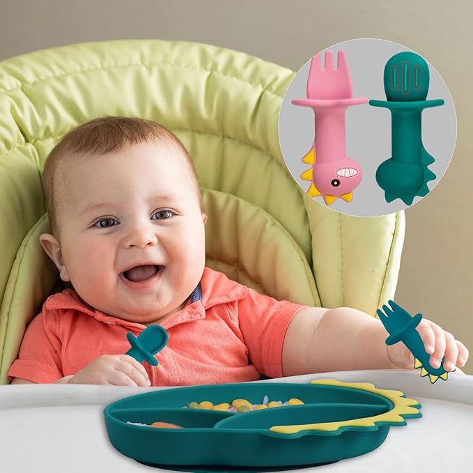 Suction Plates for Baby,Silicone Toddler Plates with Spoon Fork set Divided Dinosaurs Plates Self Feeding Training Baby Dinner Plate-Blue Dinosaurs Plate Set
