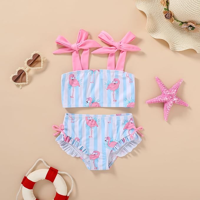 Toddler Swimsuit Girl Color Block Stripe Swimwear Baby Girl Summer Beach Bathing Suits Bikini Set with Ruffled Edges