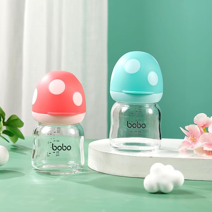 YOHKOH Natural Glass Baby Bottle with Natural Response Nipple, Newborn Anti-Colic Baby Bottles, Wide Neck Mushroom Cap Baby Bottle, Clear (3.4oz (Pack of 4), Multicolour)