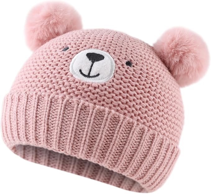 JANGANNSA Cute Bear Baby Beanie Pompom Baby Boys Hat Infant Toddler Winter Knitted Beanies for Girls