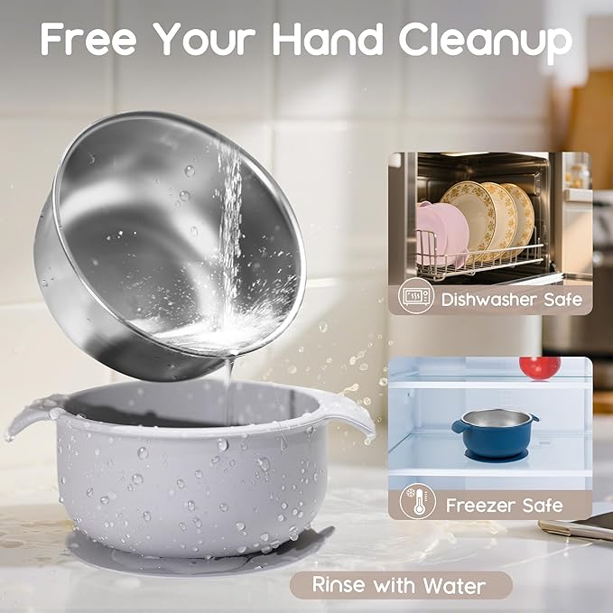 Bella's Friends Stainless Steel and Silicone Baby Bowls with Suction 3 Pack, 4.3” for Toddlers Kids Feeding, Non-Slip, Non-Toxic, Mess-Free, Dishwasher Safe, Fit High Chair Size, blue dark blue gray