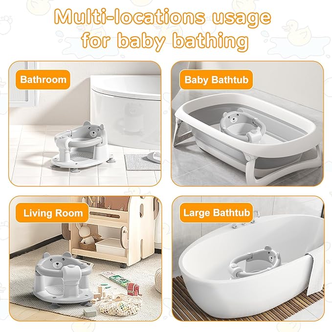 Baby Bath Seat for Babies 6 Months & up, Non-Slip Toddler Bath Seats for Babies Sitting Up, Safe Infant & Newborn Bathtub Chair with 4 Suction Cups & Soft Cushion for Shower,Gray