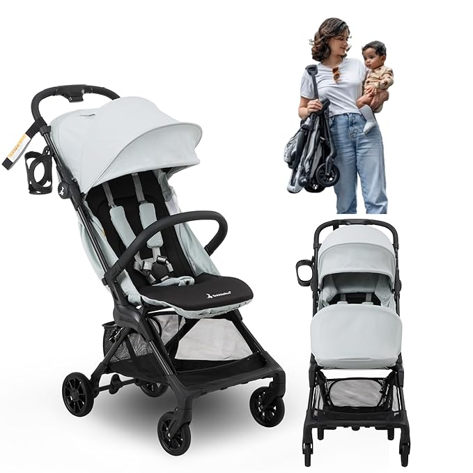 BabbleRoo Hoplite Compact Stroller – Lightweight Travel Stroller for Airplane (12.3 lbs), Newborn to 55 lbs, Easy Fold, PU Wheels, Alloy Frame, Near-Flat Recline, Raincover, Cup Holder, Baby Stroller
