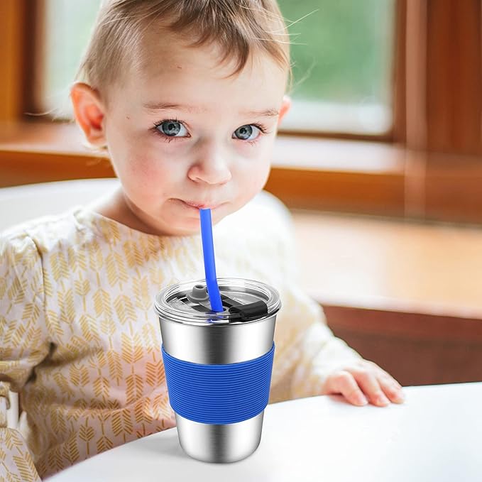 Kids Cups with Straws and Lids, 5 Pack 12oz Spill Proof Toddlers Straws Tumbler with Lids, Stainless Steel Sippy Cups with Lids for School, Outdoor