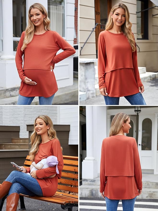 Ecavus Women's 3Pack Maternity Nursing Shirts Long Sleeve Double Layer Breastfeeding Shirts Comfy Pregnancy Clothes