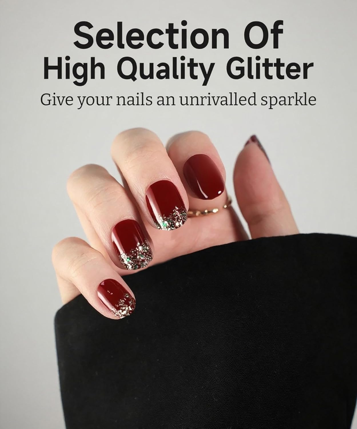 Glitter Nail Polish Strips, 32 Pcs Salon Quality Gel Nail Stickers, Long Lasting Wraps Easy to Use & Remove (Golden Glitter Red)