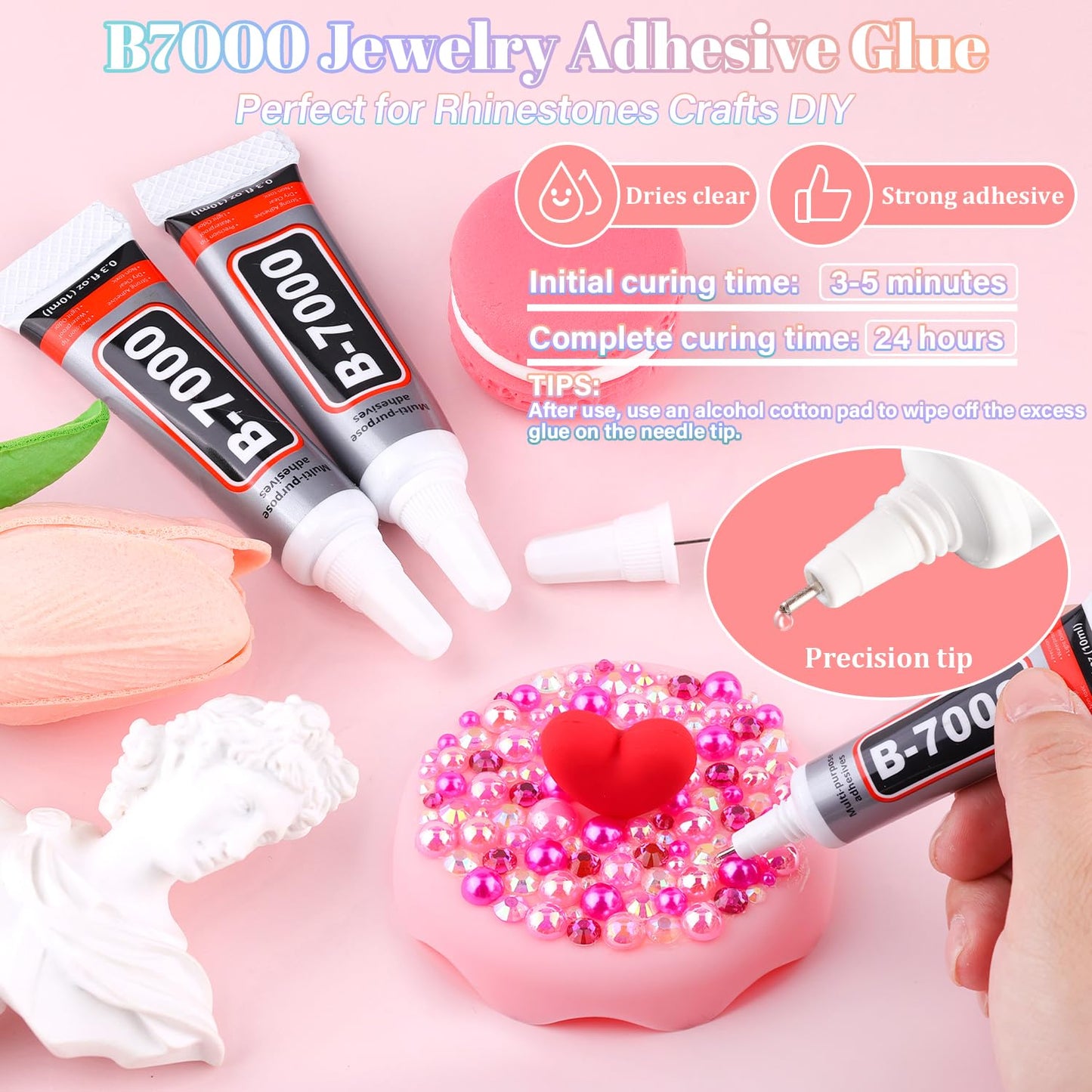 9000Pcs Flatback Pearls and Rhinestones for Crafting, Hot Pink Light Pink Mixed Size 3-8mm Resin Rhinestones and Half Pearls for Bedazzling, Nail Art and Decoration with 3pcs B7000 Jewelry Glue