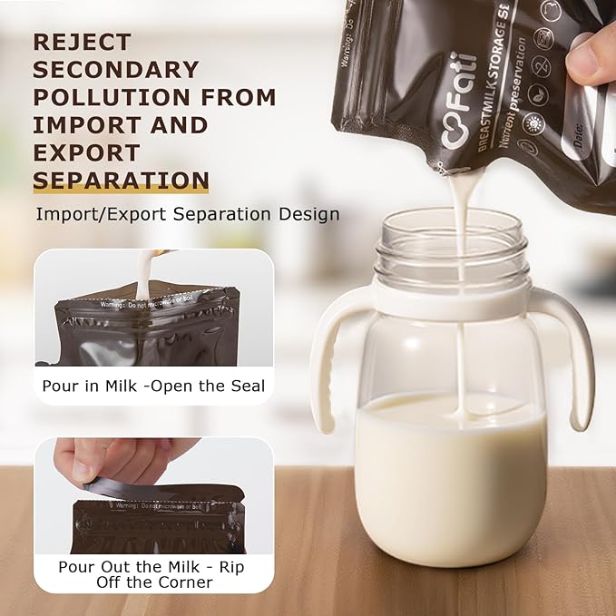 FATI Breastmilk Storage Bags-60 Pcs, 8Oz Blackout Breast Milk Storing Bag with Pour Spout for Baby Bottle Feeding/Breast Pump, No-Leak Milk Freezer Storage Pouches Self-Standing, Baby Essentials
