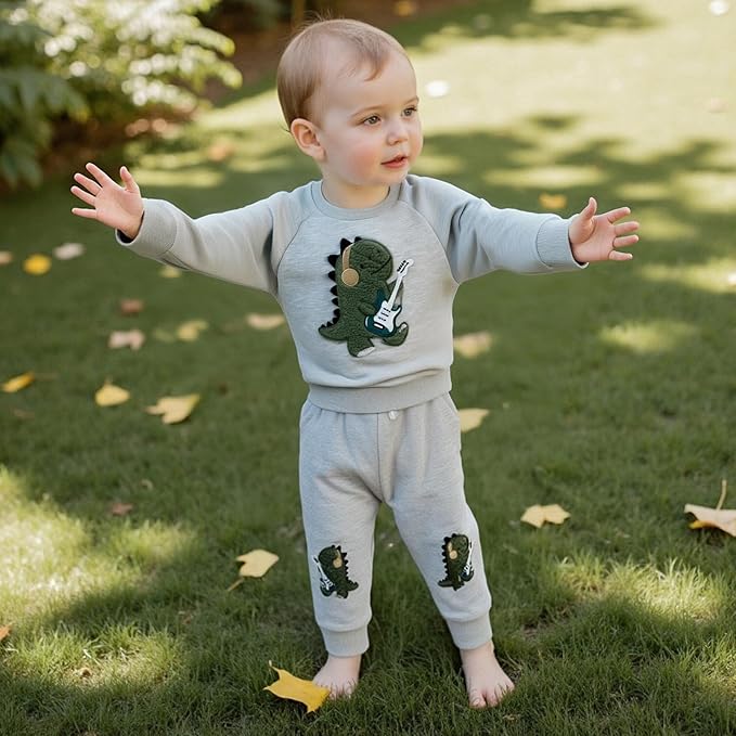 Nyapruwe Toddler Baby Boy Fall Outfit Funny Print Long Sleeve Sweatshirt Joggers Pants Set Kids Warm Winter Clothes
