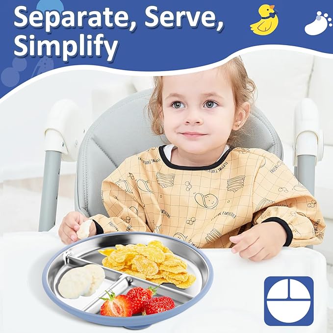 Stainless Steel Suction Plates for Toddlers, 9" Divided Kids Baby Plates with Removable Silicone Suction, Non Toxic Non Slip Portion Control Snack Dishes 3 Packs, Blue Gray Blush