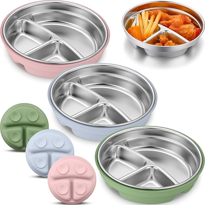 Nuogo 3 Pcs Stainless Steel Baby Suction Plates with Removable Silicone Shell 2-in-1 Metal Toddler Bowl Divided for Picky Eaters Kids Feeding Led Weaning Supplies, Dishwasher Safe (Blue,Pink,Green)