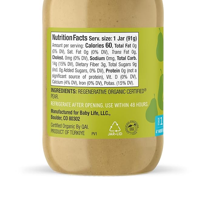 Babylife Organics Stage 1 – Heavy Metal Safe, Organic Baby Food - Pear, 3.2 Ounce Jar (12 Pack)