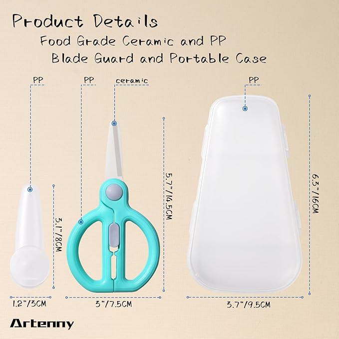 Baby Food Scissors with Travel Case, Ceramic Food Scissors Kids, Toddler Scissors with Safety Lock, Ideal for Pizza, Meats, Noodles, Vegetables, and Fruits (D)